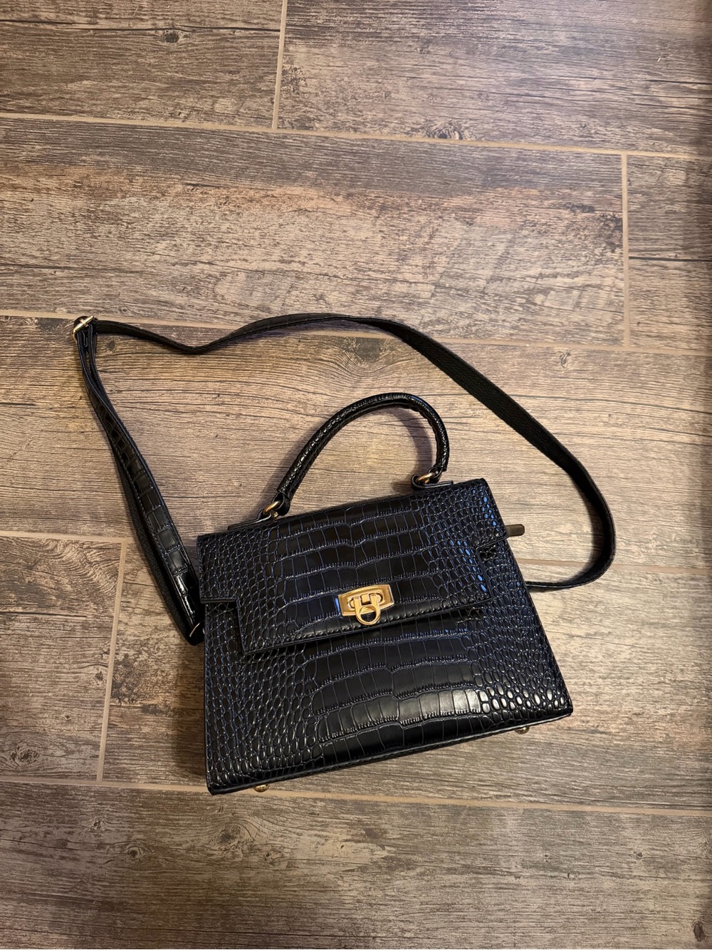 Croc-Embossed Black Top-Handle Satchel with Gold Clasp - Picture 7 of 8